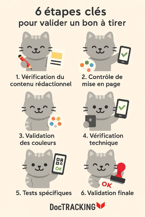 Les étapes de validation du bon à tirer illustrées en infographie par des chats 